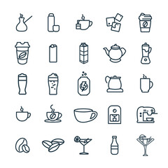 drinks line icon set, with beer, coffee, milk box, soda, energy drink, cup of coffee, kettle, tea