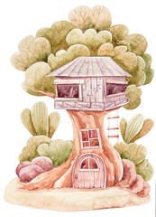 Aquarel handgeschilderde sprookjesboomhut met deuren, ramen. Leuke clipart voor feestuitnodigingen of wenskaarten. Kan worden gebruikt voor poster, print, patroon