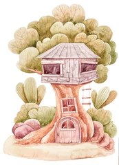 Fotobehang Fantasie huisjes Aquarel handgeschilderde sprookjesboomhut met deuren, ramen. Leuke clipart voor feestuitnodigingen of wenskaarten. Kan worden gebruikt voor poster, print, patroon
