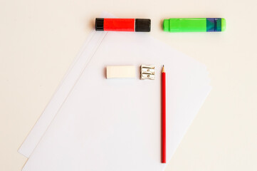 Articles for office or school work on table in order