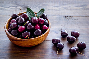 Plate of ripe red cherries with leaves, close up