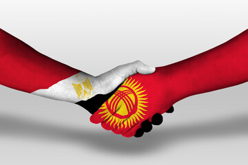 Handshake between kyrgyzstan and egypt flags painted on hands, illustration with clipping path.