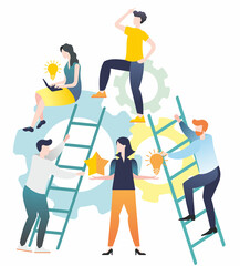 Flat illustration. Group of people. Teamwork. Men and women solve problems. Illustrations for business. Illustrations for infographics.