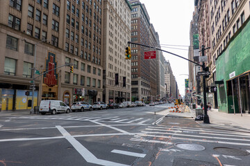 New York street view with modern tall buildings, old historic buildings 