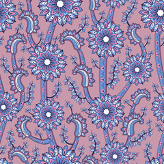 Mehndi floral pattern with doodle indian ornament, buta, turkish cucumber. Seamless texture with paisley flower. Henna drawing oriental design.
