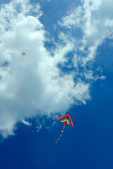 A colorful kite flying in a blue sky