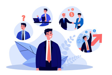 Successful young guy thinking about career growth. Job, money, wealth flat vector illustration. Finance, business and occupation concept for banner, website design or landing web page