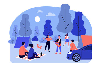 Young people camping in forest. Guitar, nature, camp flat vector illustration. Summer vacation and adventure concept for banner, website design or landing web page