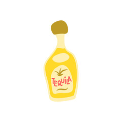 Tequila bottle on white background. Cartoon sketch graphic design. Doodle style. Hand drawn image. Party drinks concept. Freehand drawing style