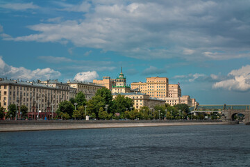 Fototapeta na wymiar Moscow Frunzenskaya embankment, an old buildings of Soviet architecture