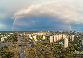 Obraz premium Aerial drone view. Double rainbow over a residential area of Kiev.