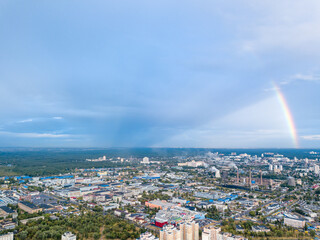Double rainbow over a residential area of Kiev. Aerial drone view.