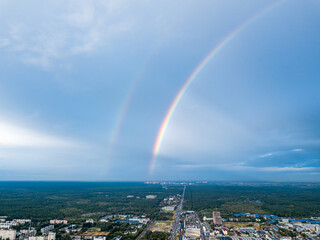 Double rainbow over a residential area of Kiev. Aerial drone view.