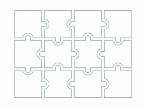 Twelve blank puzzle pieces. Puzzle for web, information or presentation design, infographics. White puzzle on white background. Vector illustration
