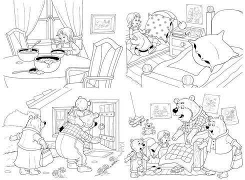 Goldilocks and the three bears. Fairy tale.  Four pictures from series. Coloring book. Educational book. Illustration for children. Cute and funny cartoon characters