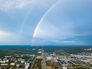 Double rainbow over a residential area of Kiev. Aerial drone view.