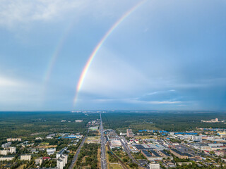 Double rainbow over a residential area of Kiev. Aerial drone view.