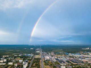 Double rainbow over a residential area of Kiev. Aerial drone view.