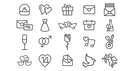love line icon set with wedding icons, love doves, love couple, love message