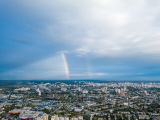 Double rainbow over a residential area of Kiev. Aerial drone view.