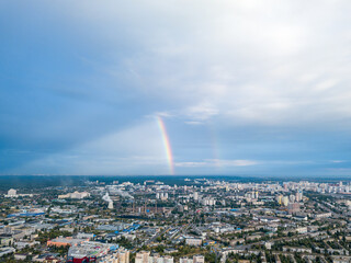 Double rainbow over a residential area of Kiev. Aerial drone view.