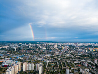 Double rainbow over a residential area of Kiev. Aerial drone view.
