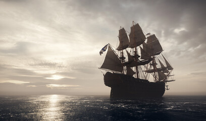 Pirate ship sailing on the ocean. Stormy clouds