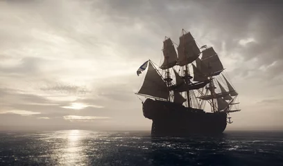 Fototapete Für ihn Piratenschiff, das auf dem Ozean segelt. Stürmische Wolken