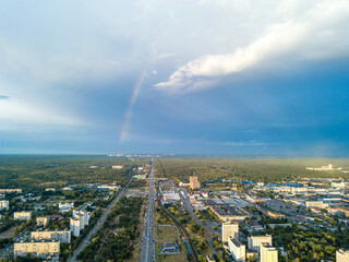 Aerial drone view. Rainbow over a residential area of Kiev.
