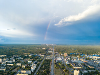 Aerial drone view. Rainbow over a residential area of Kiev.