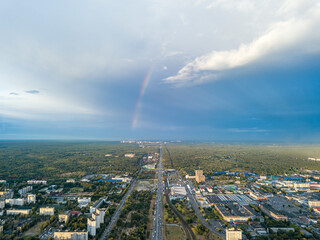 Aerial drone view. Rainbow over a residential area of Kiev.
