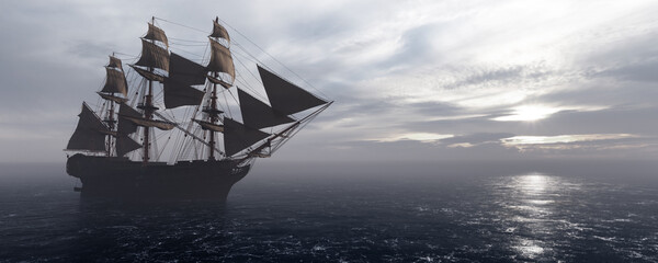 Pirate ship sailing on the ocean. Stormy clouds