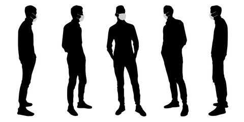Vector concept conceptual  silhouette men talking while social distancing as means of prevention and protection against coronavirus contamination. A metaphor for the new normal.