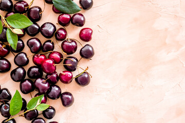 Ripe juicy cherries berries background. Overhead view, flat lay