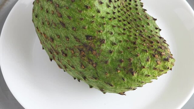 One whole soursop graviola, exotic, tropical fruit Guanabana on plate, Rotate. Food background