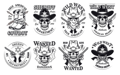 Vintage wild west flat sign set. Monochrome saloon or rodeo emblems and labels with cowboy skulls, guns and boots vector illustration collection. Wanted placard and sheriff department design concept