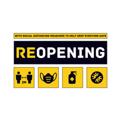 Obraz premium Reopening, open again, we're open Keep your distance green button sign for post covid-19 coronavirus pandemic Vector illustration