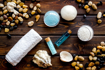 Spa set of blue sea salt, cosmetic clay and aroma oil. Top view