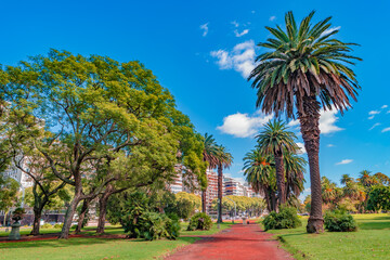 Cityscape of modern and old Buenos Aires with business and living in Palermo district, beautiful nature, parks and traditional cultural architecture at sunny day and blue sky, Argentina, summer