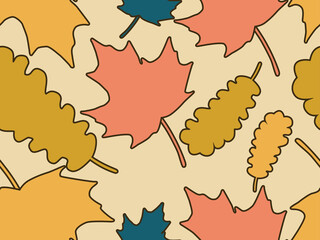 Autumn leaves seamless pattern. Falling leaves, leaf fall. Oak and maple. Background for wrapping paper, print, fabric and printing. Vector illustration