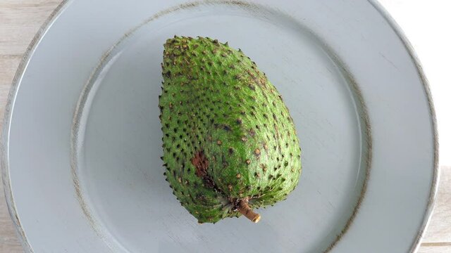 One whole soursop graviola, exotic, tropical fruit Guanabana on gray plate, Rotate. Food background