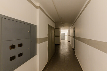 Russia, Moscow- February 15, 2020: interior public place, house entrance. doors, walls, staircase corridors