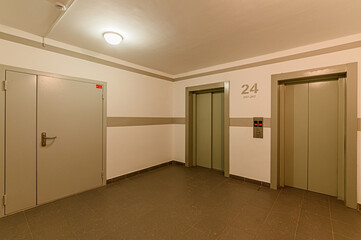 Russia, Moscow- February 15, 2020: interior public place, house entrance. doors, walls, staircase corridors