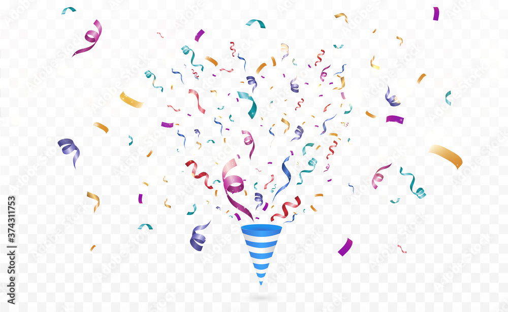 Poster Lots of colorful tiny confetti and ribbons on transparent background. Festive event and party. Multicolor background.Colorful bright confetti isolated on transparent background