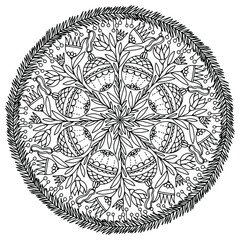 mandala with christmas balls with ornaments and flowers drawn for coloring, on a white background, vector