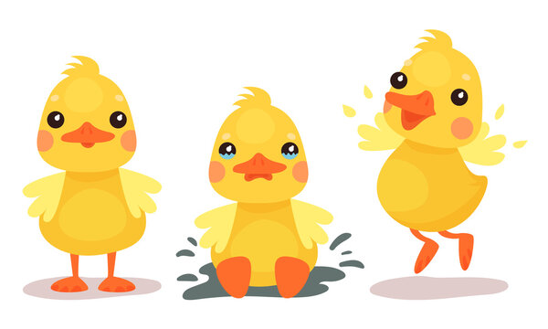 Funny Yellow Duckling Standing, Jumping and Crying Vector Set