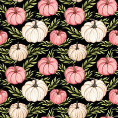 Watercolor pumpkins seamless pattern. Hand drawn autumn pumpkin with floral twigs. Fall background.