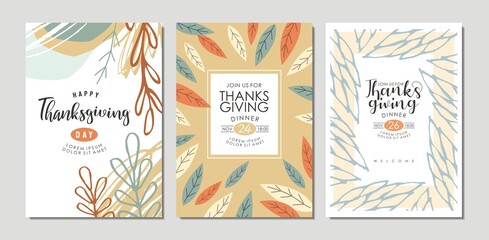 Thanksgiving day greeting cards and invitations collection. Abstract vector holiday illustration.
