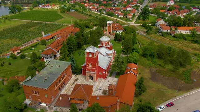 Drone view of a monastery complex on a hill