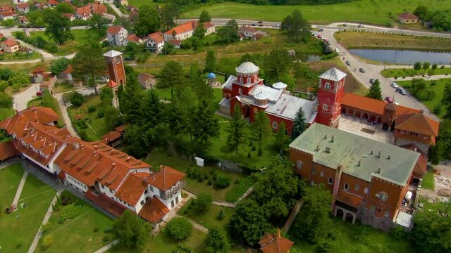 Drone view of Žiča monastery complex on a hill 
